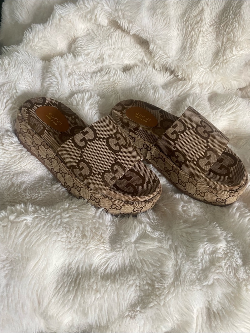 Gucci Brown Beige GG Canvas Platform Slide Sandals - Picture 2 of 4